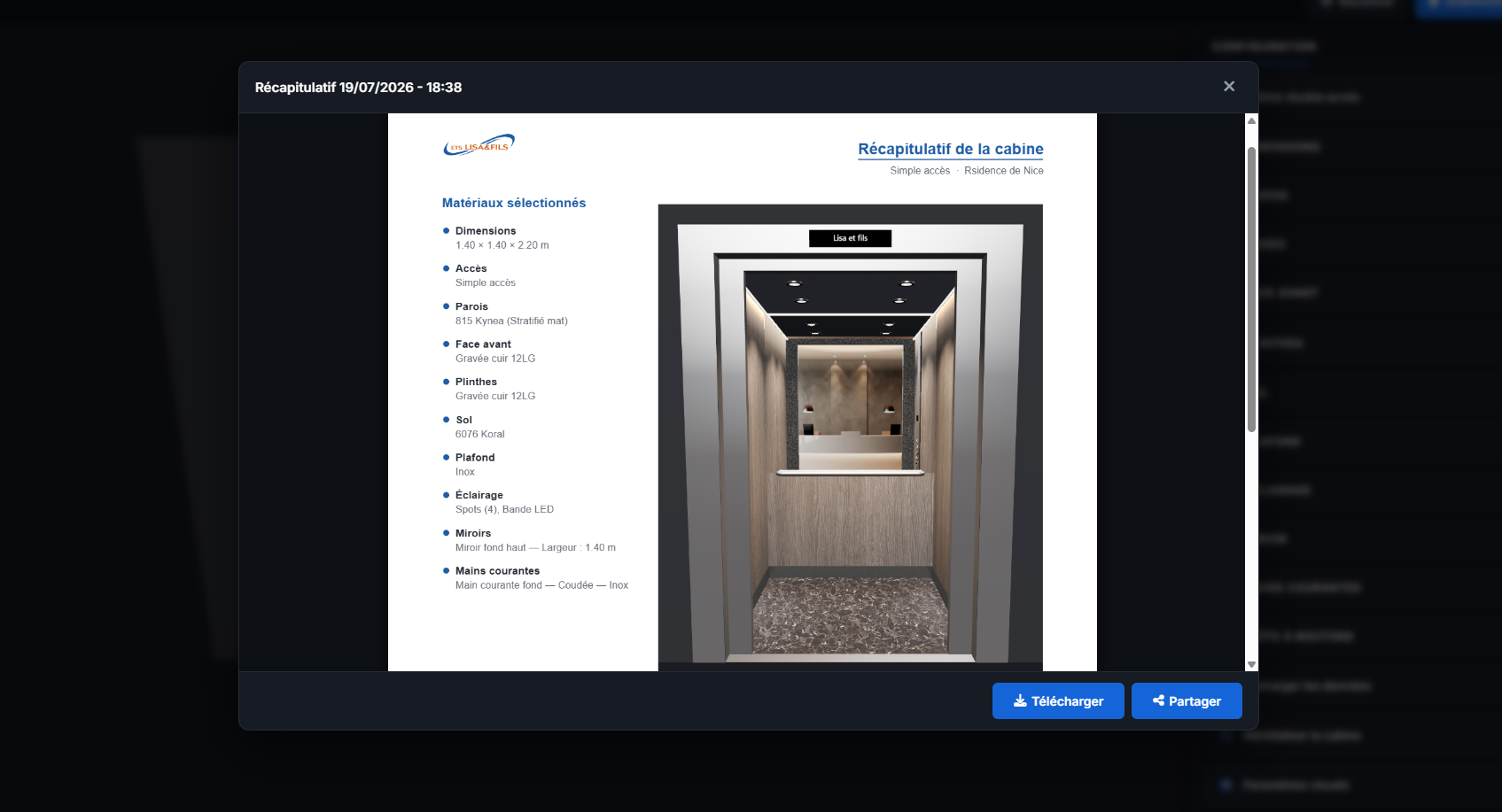 Récapitulatif PDF de la cabine configurée